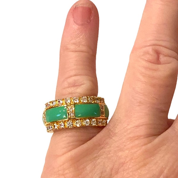 Vintage Gold Plated Faux Jade and Crystal Cigar Band Ring Size 5.5 JJJ32