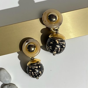 Vintage Cecilia Bringheli Cabochon Clip On Earrings Safari Swirl Lucite Chunky Made in Italy