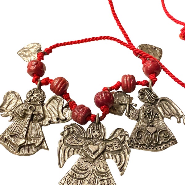 Vintage Unique and Funky Artisan Angel Faith Hope & Charity Pewter Necklace on Red Cord by Marcie ZZ38