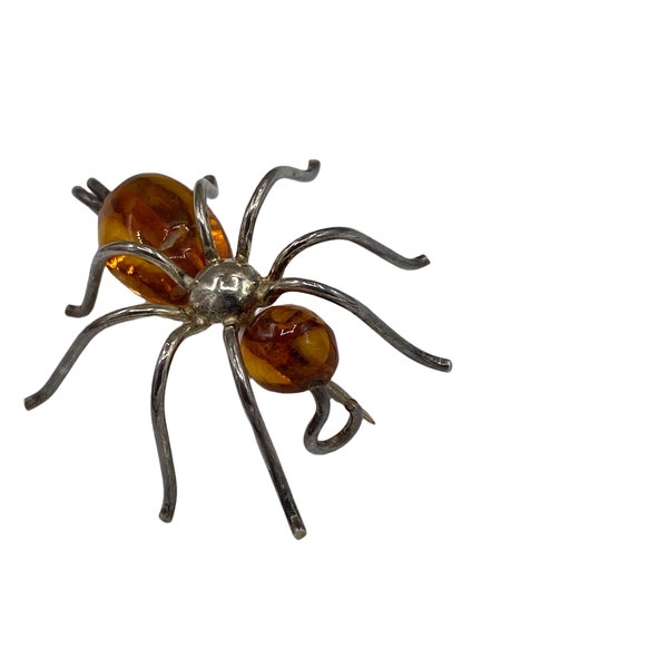 Vintage Polished Baltic Amber Resin Sterling Silver Spider Arachnid Pin Brooch AK16