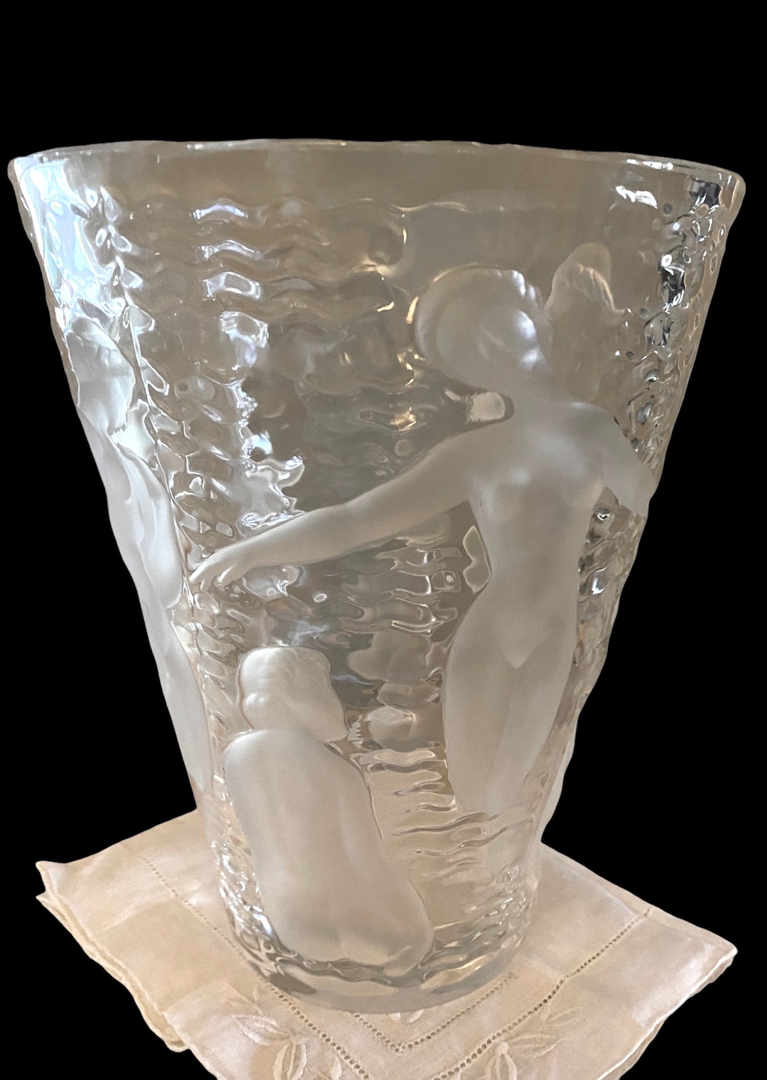 Vintage Lalique Crystal Vintage 9 3/8” Ondines Nude Maidens Vase