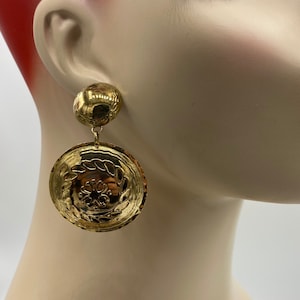 Vintage Chunky Boho Chic Dangle Disk Gold Plated Metal Pierced Earrings 1980s
