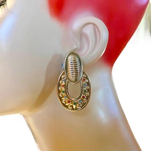 Vintage Elegant Gold Plated Slim Door Knocker adorned with Colored Crystals Clip Earrings AP7