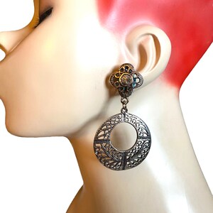 Vintage Elegant Antiqued Silver Plated Filigree Door Knocker Hoop Dangle Clip Earrings