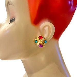 Vintage Purple Amethyst Turquoise Blue Ruby Red Lucite Cabochon Gold Plated with Crystal Accents Clip Earrings I5