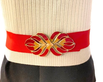 Vintage 80s Red Elastic Stretch Belt Gold and Red Enamel Leaf Buckle S M 32”-35”