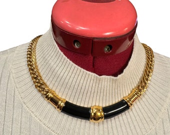 Vintage Monet Modernist 1980s  Black Enamel Runway Statement Collar Choker Necklace J35