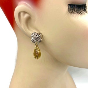 Vintage Oscar de la Renta Silver Criss Cross and Gold Teardrop Pierced Earrings New old Stock AG22