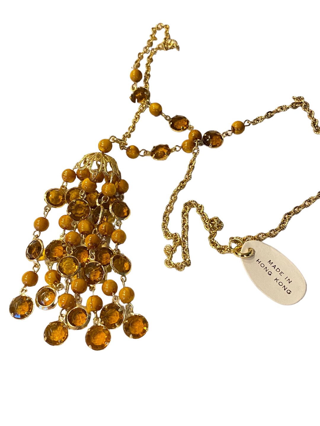 Vintage Mid Century Modern Hong Kong Long Lucite Yellow Gold Bead