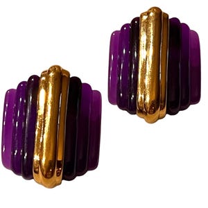 Vintage Lucite Lilatöne mit goldfarbenen Akzent Art Deco Stil 1980er Jahre Ohrclips Designer Look AK4