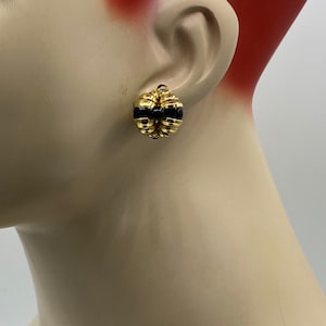 Vintage Unique Gold and Black Enamel with Center Bead Clip-On Earrings