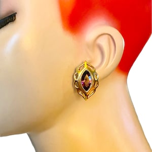 Vintage Purple Amethyst Marquis Crystal Gold Plated Boho Deco Clip Earrings AP4