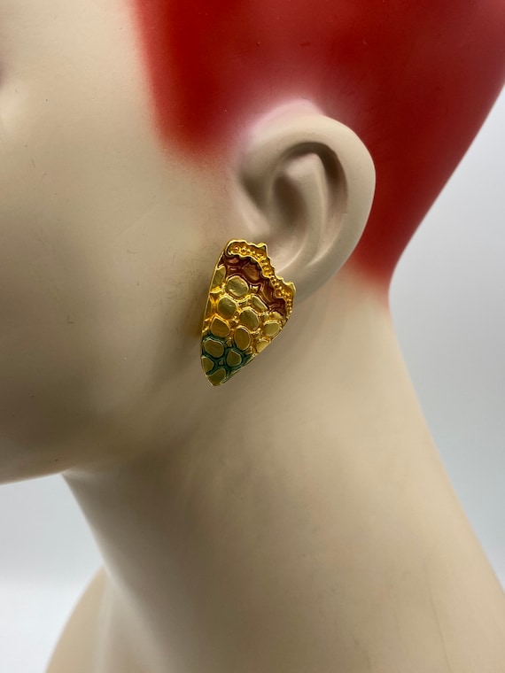 Vintage Crocodile Pattern Chunky Gold Plated Orange Green and