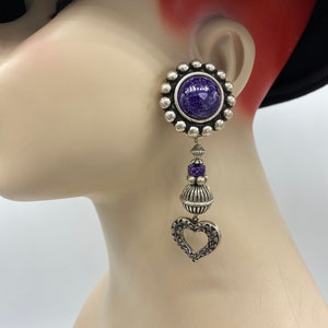 Vintage Chunky Funky lila marmoriert Lucite Cabochon Baumeln Clip Ohrringe Party Statement Silber Platte Herz New Old Stock DD8
