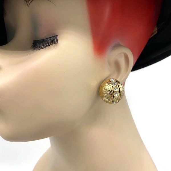 Vintage Bijoux Cascio Italy Round Gold Plated Textured Button with Crystal Rhinestone Accents Clip Earrings OO21