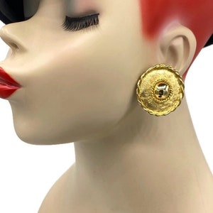 VTg Etruskische Vergoldete Gerippte Gold Cabochon Übergroße Knopf Clip Ohrringe B3