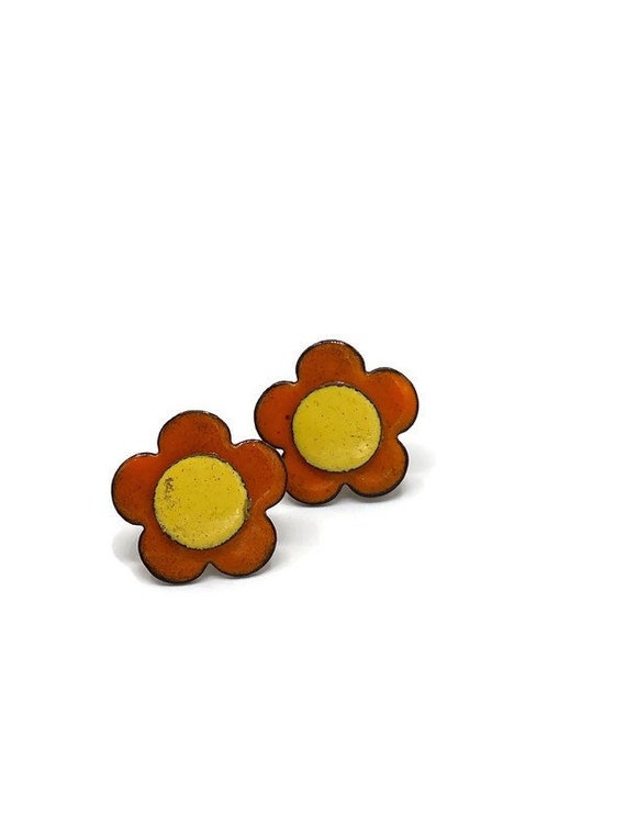 Vtg Orange Yellow Enamel on Copper Daisy Flower S… - image 3