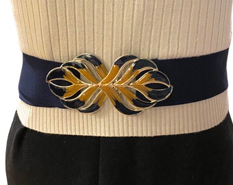 Vintage 80s Navy Blue Elastic Stretch Belt Gold and Blue Enamel Leaf Buckle L 35 1/2”- 38”