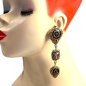Vintage Cross Embedded in Resin Dragons Breath or Mexican Opal Dangle Clip Earrings Artisan Made AD CCC39