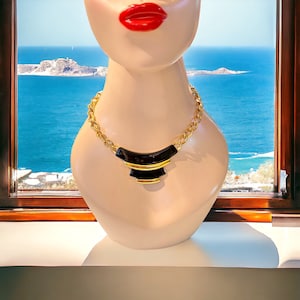 Vintage Monet Modernist 1980s Double  Black Enamel Runway Statement Collar Choker Necklace TD5