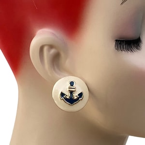 Vintage Navy Cream Enamel Oversized Button Nautical Anchor Sailing Pierced Earrings ZZ33