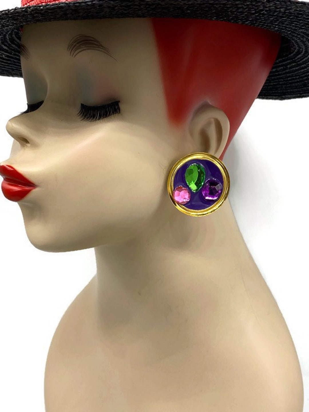 Bijou Vintage Boucles d'oreilles clips émail avec cristaux vert