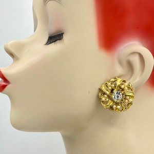 Vintage 1980s Modernist Gold Oversized Filigree Button & Crystals Clip Earrings AC16