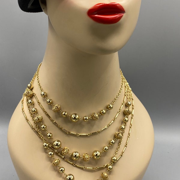 Vintage Gold Gilt Metal Multiple Chain Link Beaded Festoon Necklace II13