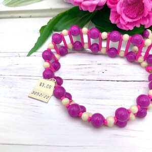 Vintage 70’s 17” Plastic Lucite Bead Ladder DNA Necklace Raspberry Fuchsia Pink Tube Signed Coro New Old Stock Has Original Tag P14