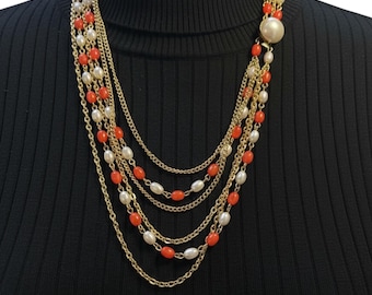 Vintage Plastic Lucite Hong Kong Orange Faux Pearl Multi Chain Torsade Bead Necklace with Pearl Clasp 22”