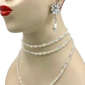Vintage Long Strand Aurora Borealis Crystal Bead Choker Necklace with Flower Button Pearl Dangle Clip Earrings