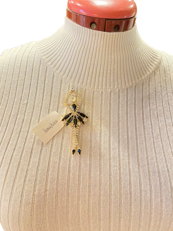Vintage 1980s Ballerina Black & Clear Crystal Glass Rhinestone Brooch Pin New with Neiman Marcus Tag HHH24 View 2