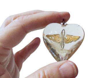 Vintage WWII Era Clear Lucite Heart Pendant With US Army Air Corps