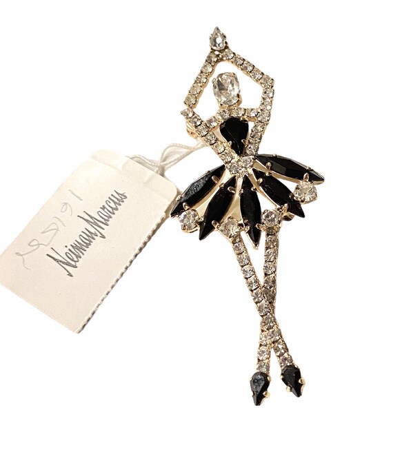 Vintage 1980s Ballerina Black & Clear Crystal Glass Rhinestone Brooch Pin New with Neiman Marcus Tag HHH24