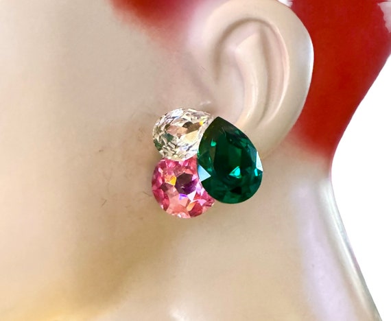 Vintage Swarovski Pink, Green &  and Clear Pear C… - image 1