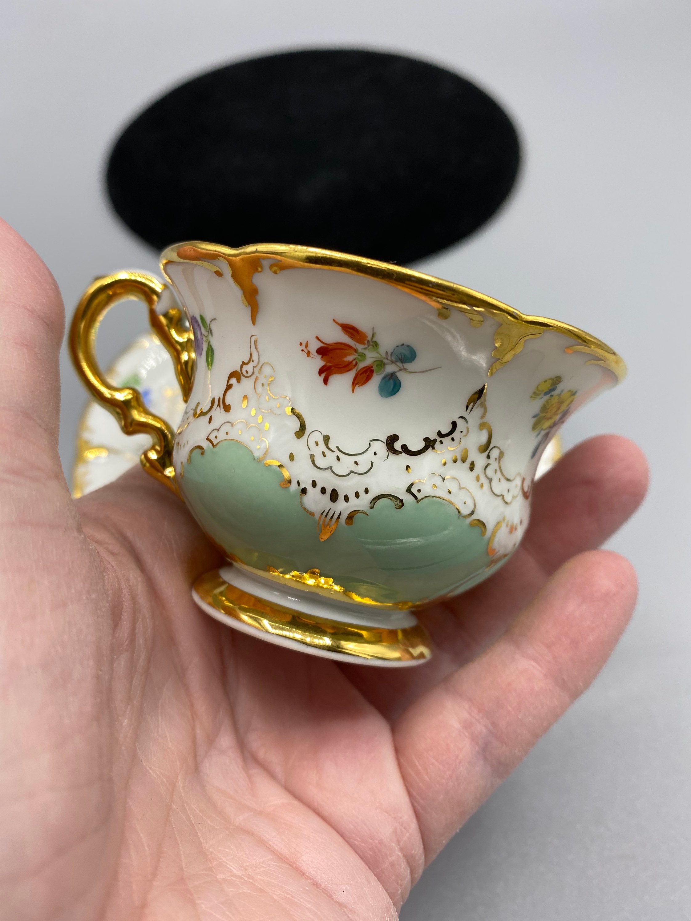 Antique Meissen B Form Porcelain Cup Saucer Set Green Flowers and
