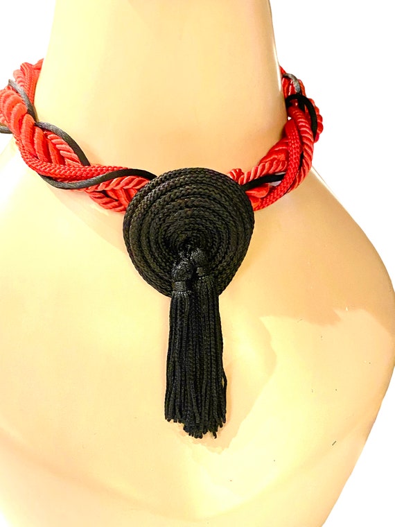 Vintage Chunky Red Silk Cable with Black Fringe T… - image 6