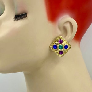 Vintage 1980s Modernist Gold  Moghul Blue Green Purple Crystal Colorful Dice Clip Earrings AE15