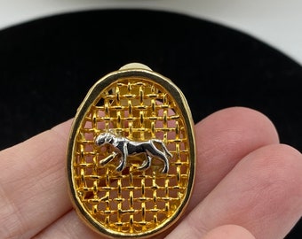 Vintage Designer Look Gold Plated Tennis Racket Silver Panther Oversized Oval Clip Earrings Box1s2
