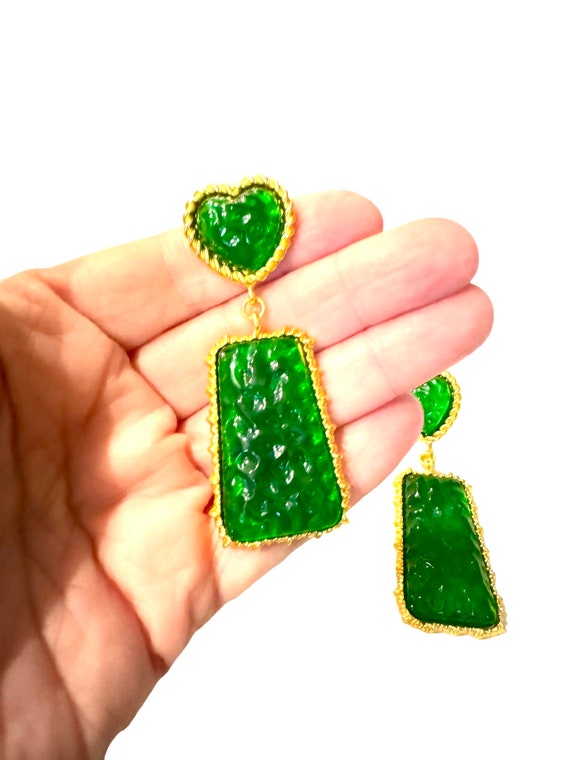 Vintage Dangle Translucent Heart Green Jelly Mold… - image 1