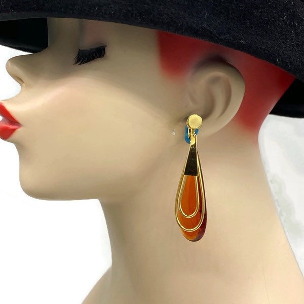 Vintage Faux Tortoise Shell Lucite Dangle Clip Earrings Boho Chic K13