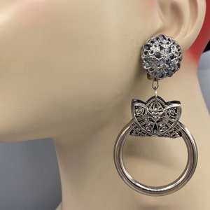 Vintage Chunky Silver Plated Filigree Door Knocker Hoop Boho Chic Accent Dangle Clip Earrings Party Wedding FF37