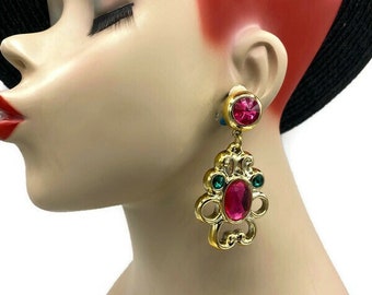 Vtg Pink Green Lucite Fun Oversized Dangle earrings Festival Party Carnival 1980s A2