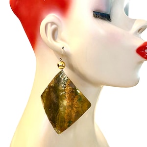 Vintage Hammered Brass Maximalist Tribal Boho Chic Fish hook Pierced Earrings 1980s JD8