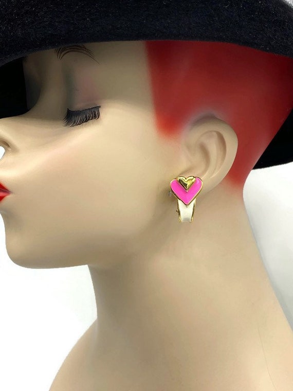 Vtg  Gold Plated White Pink Enamel Heart Clip Ear… - image 3