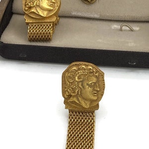 Vintage Swank Brushed Gold Cufflinks and Tie Tac Greek Face Profile Roman BB36
