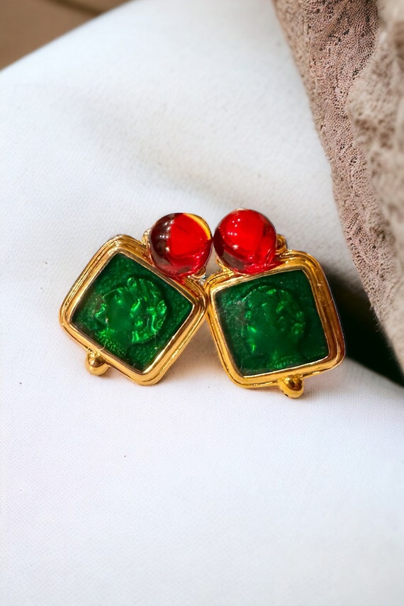 Vintage Green Enamel & Lucite with Red Cabochon G… - image 1