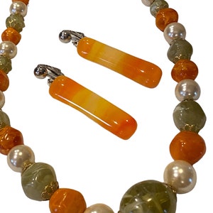 Vintage Polished Bead Lucite Green and Orange Beads Necklace 30” and Polished Stone Clip Earrings GG38
