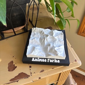 May include: A 3D-printed topographical model of Animas Forks, featuring a textured white surface on a black base. The name "Animas Forks" is printed in white on the front of the base. The model sits on a distressed, light-colored wooden surface.