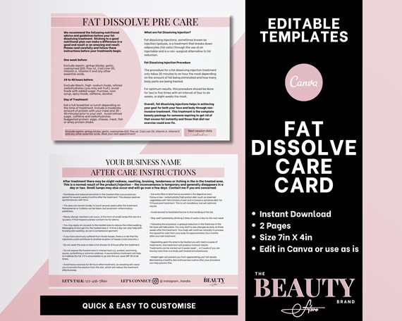 Fat Dissolve Client Care Card, Pre Treatment Care, Post Treatment Care, Editable Canva Template